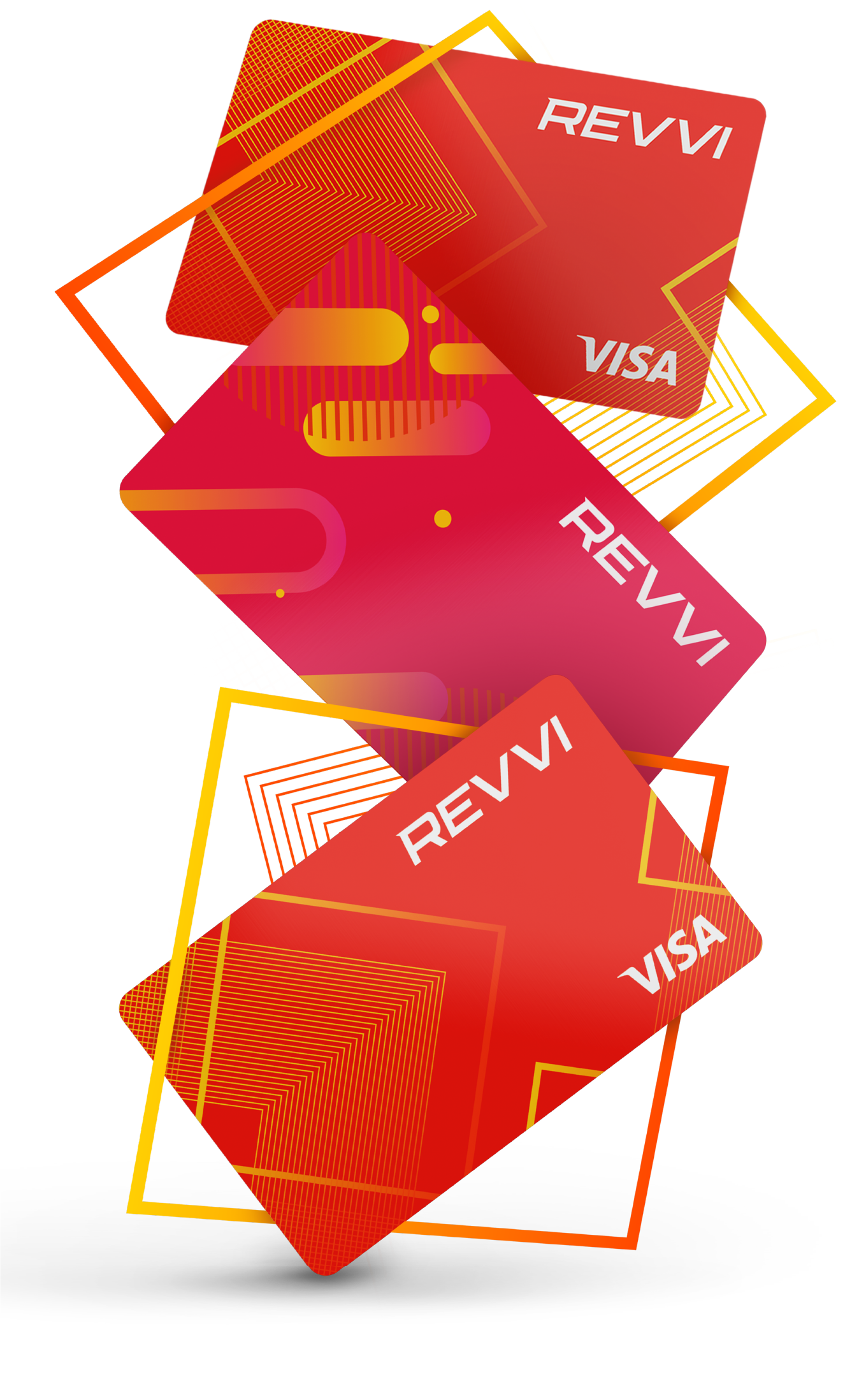 Revvi Credit Cards in orange and pink designs. Revvi Card is a credit card for underserved consumers with imperfect credit.